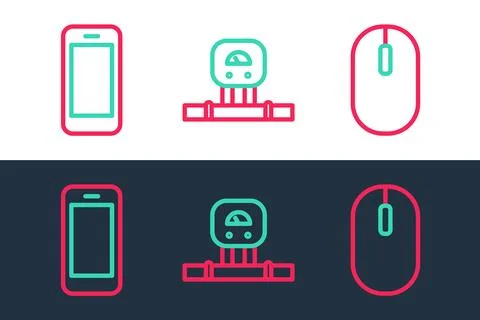 Set line Computer mouse, Smartphone and sensor icon. Vector Illustrazione stock