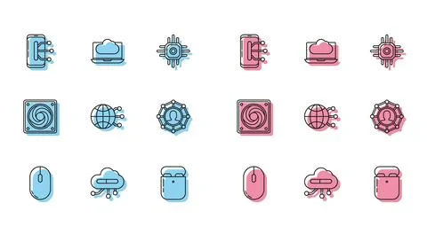 Set line Computer mouse, Smartphone, mobile phone, Air headphones box, Glob.. 스톡 일러스트