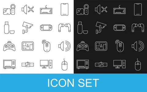 Set line Computer mouse Speaker volume Air headphones Keyboard Security camer Illustrazione stock