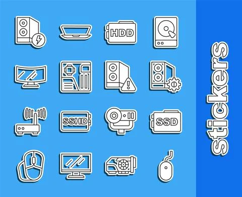 Set line Computer mouse, SSD card, Case of computer, Hard disk drive HDD Stock Illustration