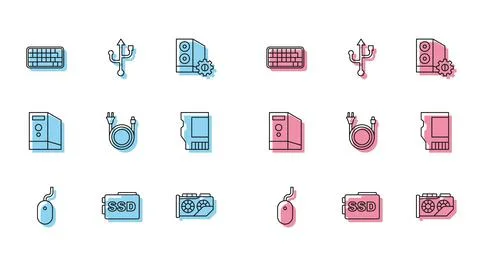 Set line Computer mouse, SSD card, Keyboard, Video graphic, Electric plug, Case Stock Illustration