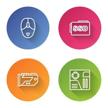 Set line Computer mouse, SSD card, Video graphic and Motherboard digital chip Illustrazione stock