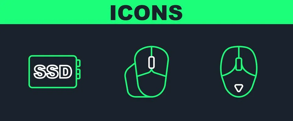Set line Computer mouse, SSD card and icon. Vector Illustrazione stock