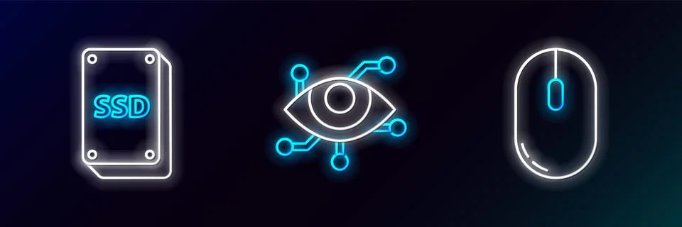 Set line Computer mouse, SSD card and Virtual reality icon. Glowing neon. Vector イラスト素材