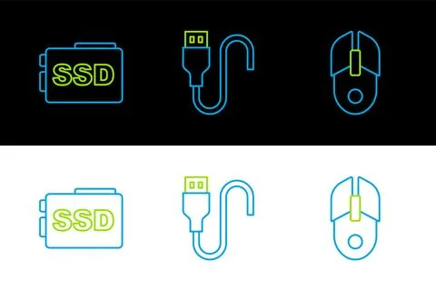 Set line Computer mouse, SSD card and USB cable cord icon. Vector 스톡 일러스트