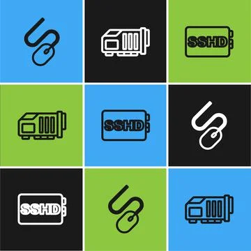 Set line Computer mouse, SSHD card and Video graphic icon. Vector Illustrazione stock