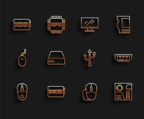 Set line Computer mouse, SSHD card, Hard disk drive HDD, Motherboard digital Stockillustratie