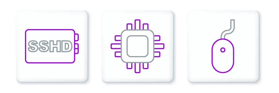 Set line Computer mouse, SSHD card and Processor with CPU icon. Vector 스톡 일러스트