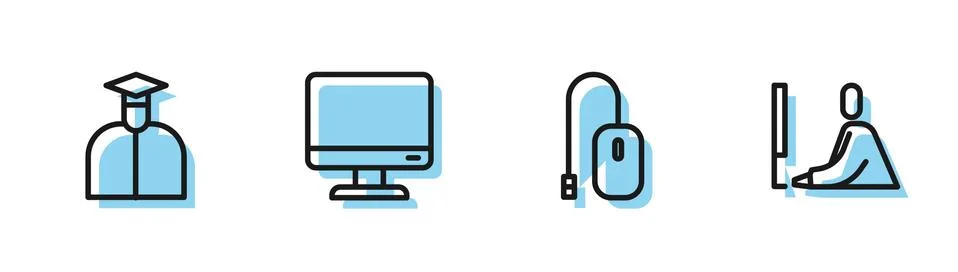 Set line Computer mouse, Student, monitor screen and working at laptop icon イラスト素材