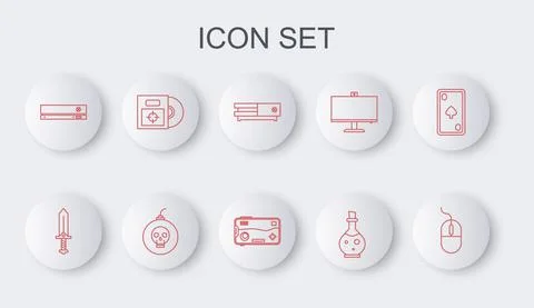 Set line Computer mouse, Sword for game, Video console, Bottle with magic elixir Illustrazione stock