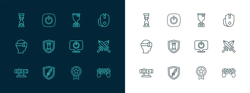 Set line Computer mouse Sword for game Power button Game rating with medal Ch Illustrazione stock