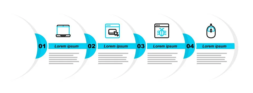 Set line Computer mouse, System bug, Browser files and Laptop icon. Vector Stock Illustration