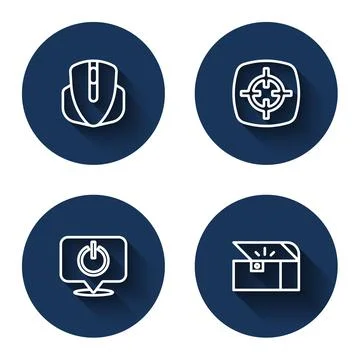 Set line Computer mouse, Target sport, Power button and Chest for game with long Illustrazione stock