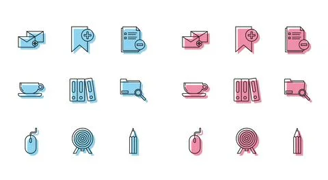 Set line Computer mouse, Target, Envelope, Pencil, Office folders with papers Stock Illustration
