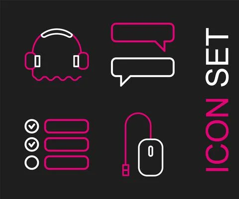 Set line Computer mouse, Task list, Speech bubble chat and Headphones icon Stock Illustration