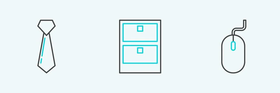 Set line Computer mouse, Tie and Archive papers drawer icon. Vector Illustrazione stock