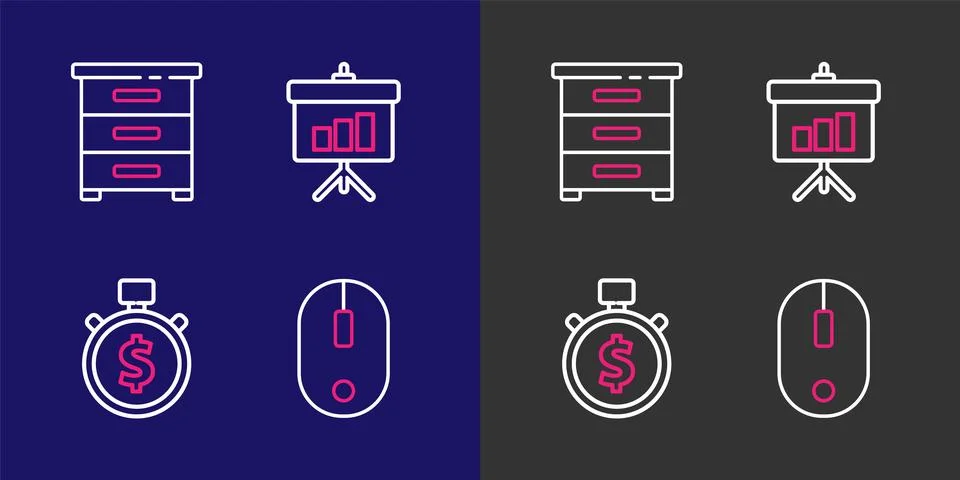 Set line Computer mouse, Time is money, Chalkboard with diagram and Drawer .. Stock Illustration