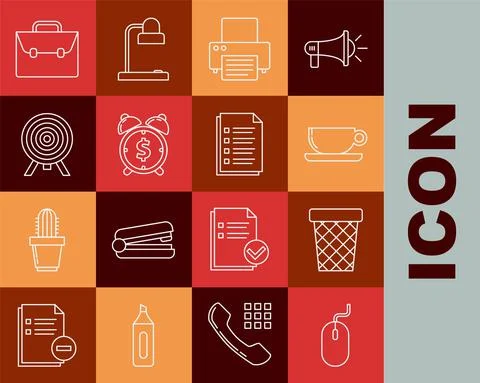 Set line Computer mouse, Trash can, Coffee cup flat, Printer, Alarm clock with Stock Illustration