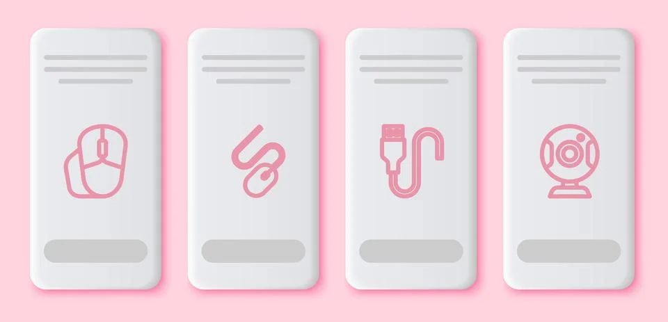 Set line Computer mouse, , USB cable cord and Web camera. White rectangle button Stock Illustration