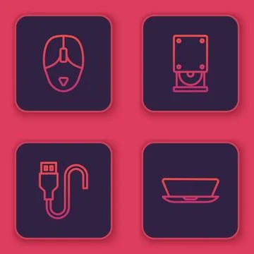 Set line Computer mouse, USB cable cord, Optical disc drive and Laptop. Blue Stock Illustration