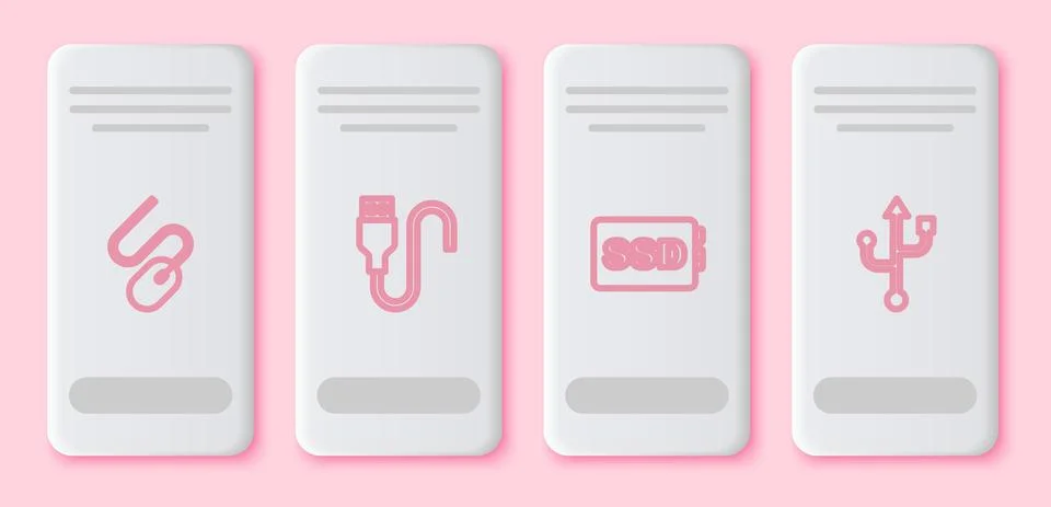 Set line Computer mouse, USB cable cord, SSD card and . White rectangle button イラスト素材