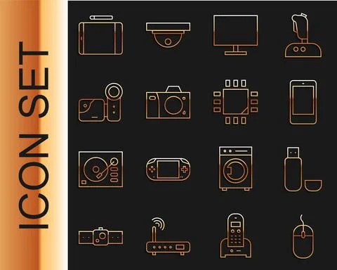 Set line Computer mouse, USB flash drive, Smartphone, mobile phone, monitor Illustrazione stock
