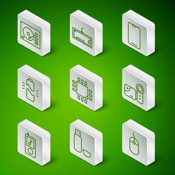 Set line Computer mouse, USB flash drive, Vinyl player, Processor with 스톡 일러스트