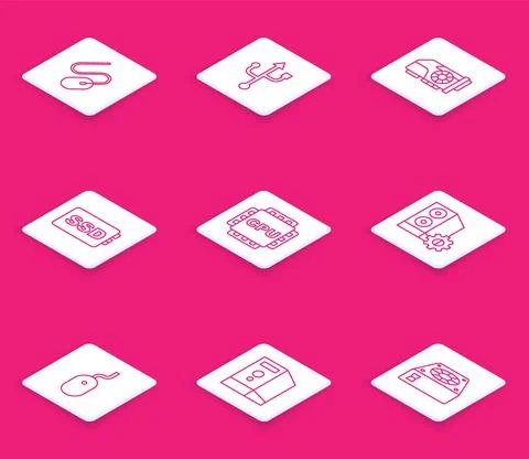 Set line Computer mouse, USB, Video graphic card, SSD, Processor with CPU, Case 스톡 일러스트