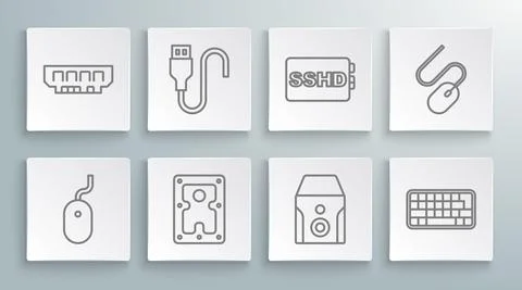 Set line Computer mouse, USB cable cord, Hard disk drive HDD, Uninterruptible Stock Illustration