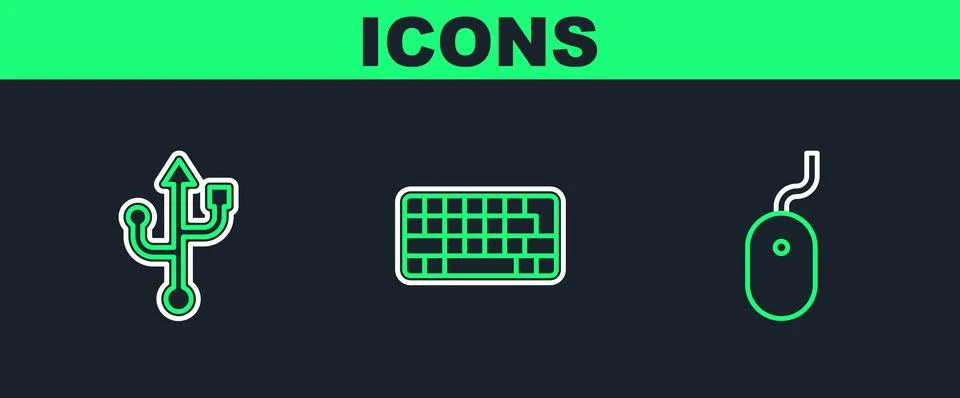 Set line Computer mouse, USB and Keyboard icon. Vector Illustrazione stock