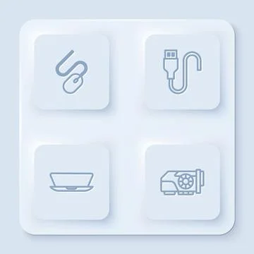Set line Computer mouse, USB cable cord, Laptop and Video graphic card. White Stock Illustration