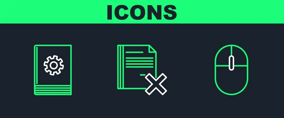 Set line Computer mouse, User manual and Delete file document icon. Vector Stock Illustration