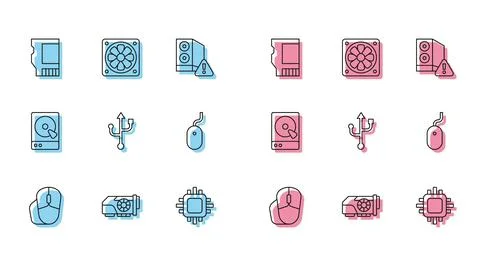 Set line Computer mouse, Video graphic card, SD, Processor with CPU, USB, Hard Illustrazione stock