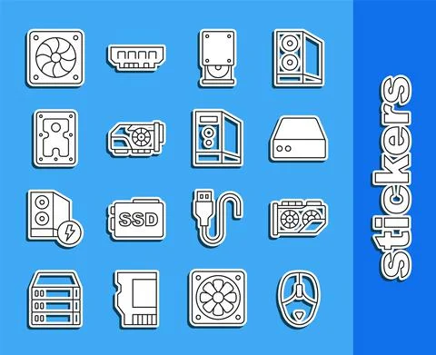 Set line Computer mouse, Video graphic card, Server, Data, Web Hosting, Optical Stock Illustration