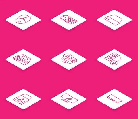Set line Computer mouse, Video graphic card, Server, Data, Web Hosting, Optical Stock Illustration