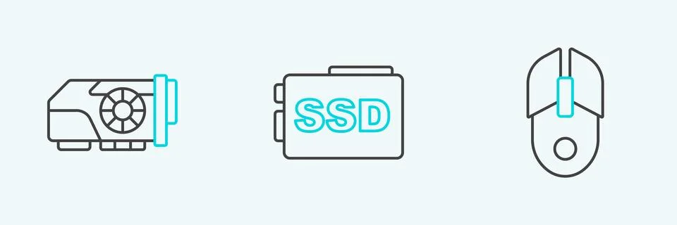 Set line Computer mouse, Video graphic card and SSD icon. Vector Illustrazione stock