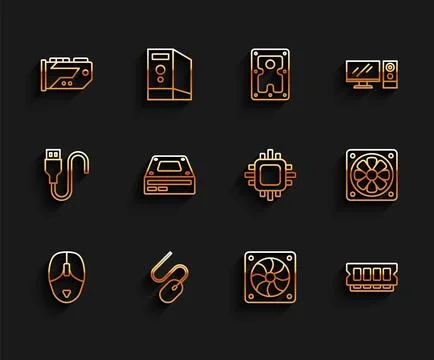 Set line Computer mouse, Video graphic card, cooler, RAM, random access memory Illustrazione stock