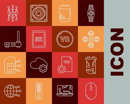 Set line Computer mouse, Video graphic card, Drone, Voice assistant, Tablet.. Illustrazione stock