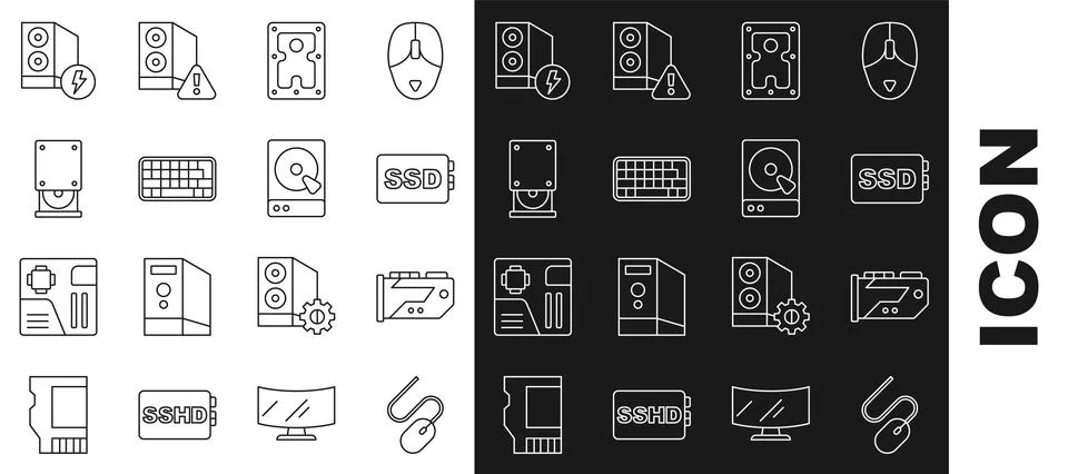Set line Computer mouse, Video graphic card, SSD, Hard disk drive HDD, Keyb.. Stock Illustration