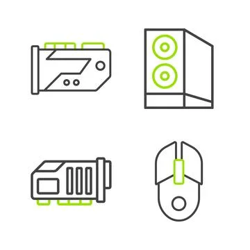 Set line Computer mouse, Video graphic card, Case of computer and  icon. Vect Stock Illustration