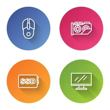 Set line Computer mouse, Video graphic card, SSD and monitor screen. Color .. Illustrazione stock