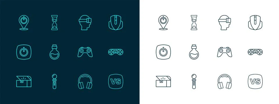 Set line Computer mouse, VR controller game, Game or joystick, Headphones, .. Illustrazione stock