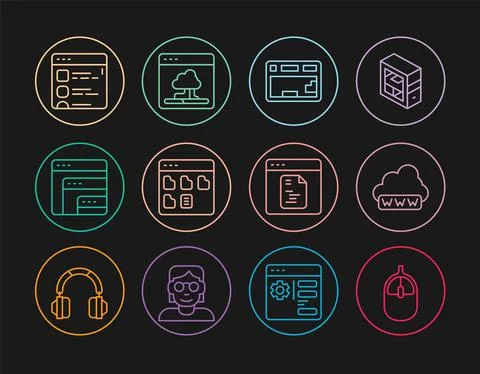 Set line Computer mouse, Web development, Keyboard, Browser files, Software, and Illustrazione stock