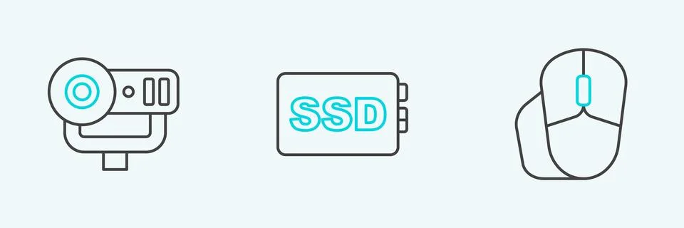 Set line Computer mouse, Web camera and SSD card icon. Vector Stock Illustration