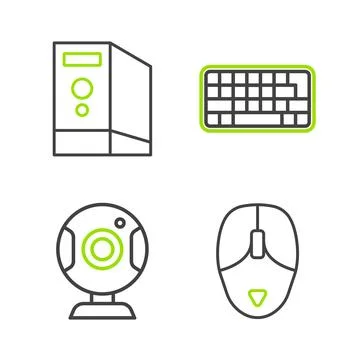 Set line Computer mouse, Web camera, Keyboard and Case of computer icon. Vect Illustrazione stock