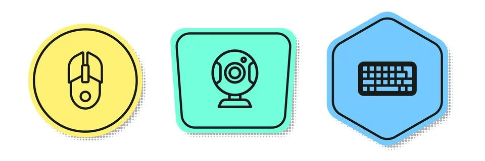 Set line Computer mouse, Web camera and Keyboard. Colored shapes. Vector 스톡 일러스트