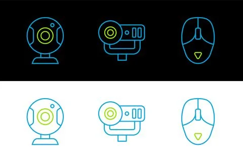 Set line Computer mouse, Web camera and  icon. Vector Stock Illustration
