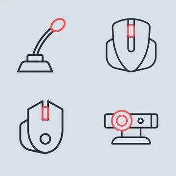 Set line Computer mouse, Web camera and Microphone icon. Vector Stock Illustration