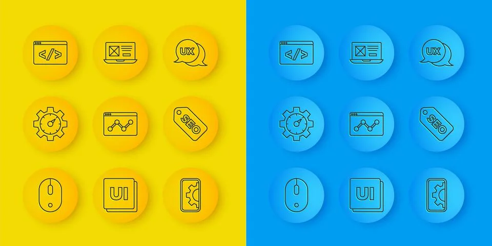 Set line Computer mouse, Website statistic, development, SEO optimization, Front Stock Illustration