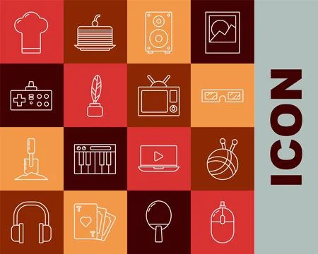 Set line Computer mouse, Yarn ball with knitting needles, 3D cinema glasses Stock Illustration